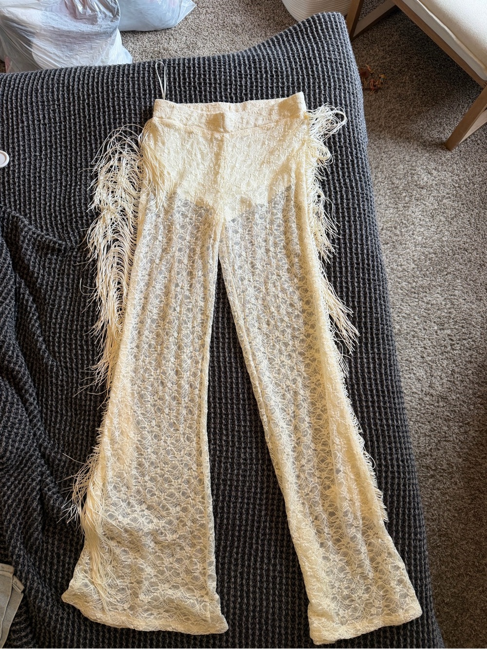 12th Tribe Cream Sheer Lace Fringe Flare Pants